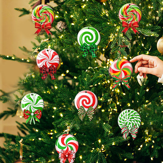 24PCS Christmas Candy Ornament With Ropes Colorful Candy Round Lollipop Wooden Pendant Xmas Hanging Decoration For Christmas Indoor Outdoor Home Yard Party Porch Decor