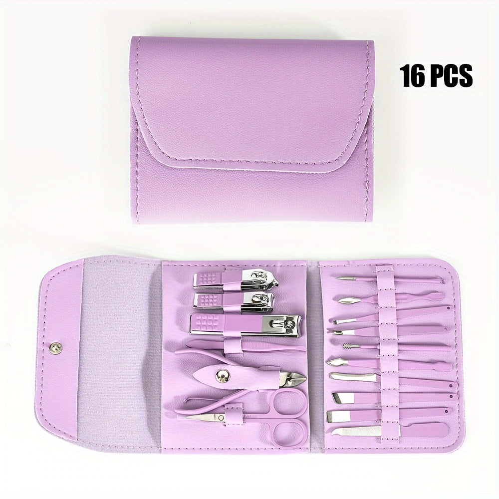 16pcs Household Multi-Functional Stainless Steel Ear Spoon Nail Clippers Pedicure Nail Scissors Tool Set with Folding Bag Manicure Cutter Kits