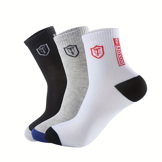 6-Pack Minimalist Casual Letter Mid-Calf Socks, Breathable Business Men's Socks