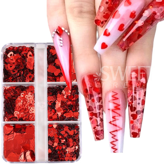 Red Love Heart Nail Glitter Sequin Mix Holographic Heart Shape 3D Nail Sequins Flakes Paillette Valentine's Day Manicure Decor