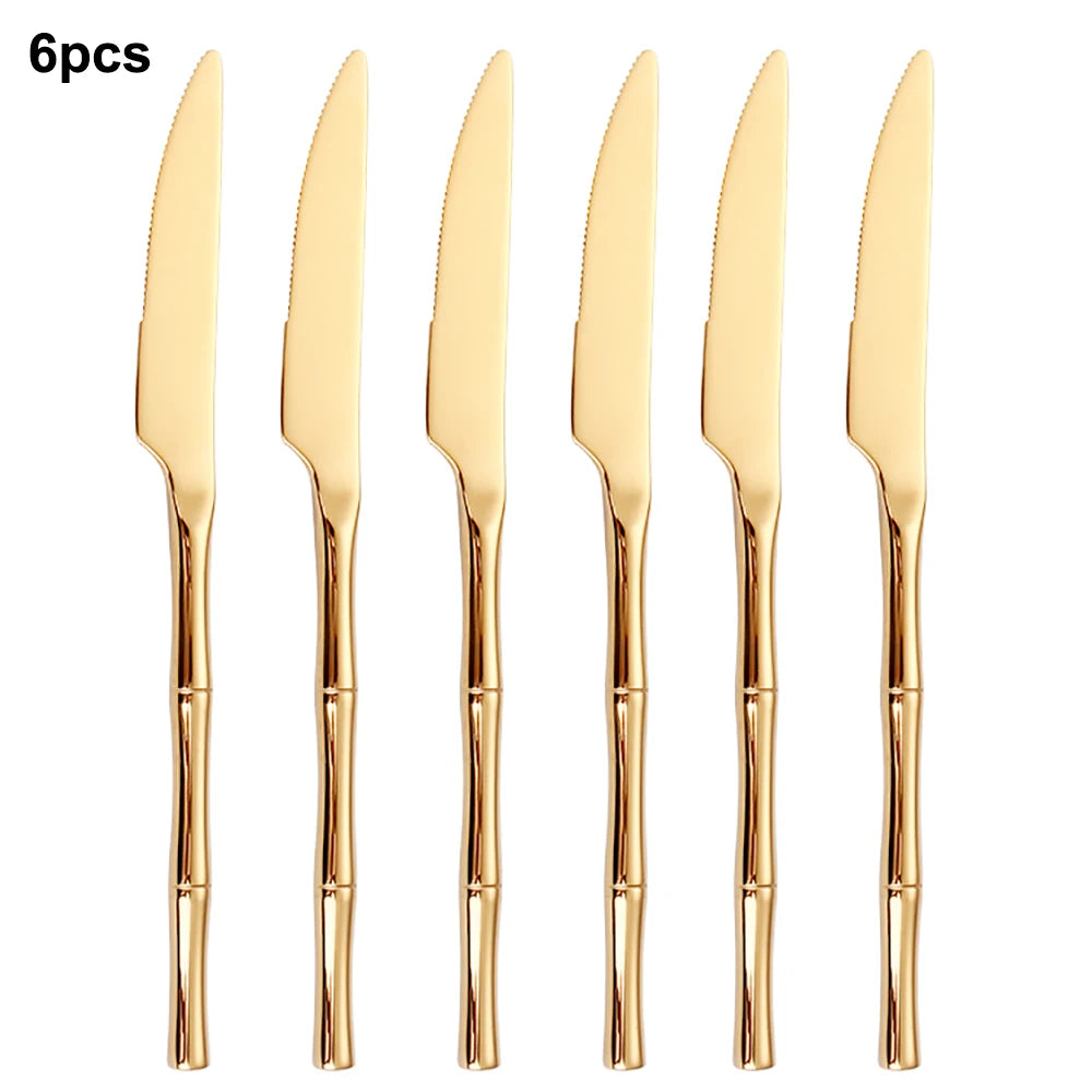 6/24/30Pcs Stainless Steel 304 Tableware Gold Cutlery Set Western Bamboo Shaped Handle Knife Fork Spoon Mirror Dinner Set