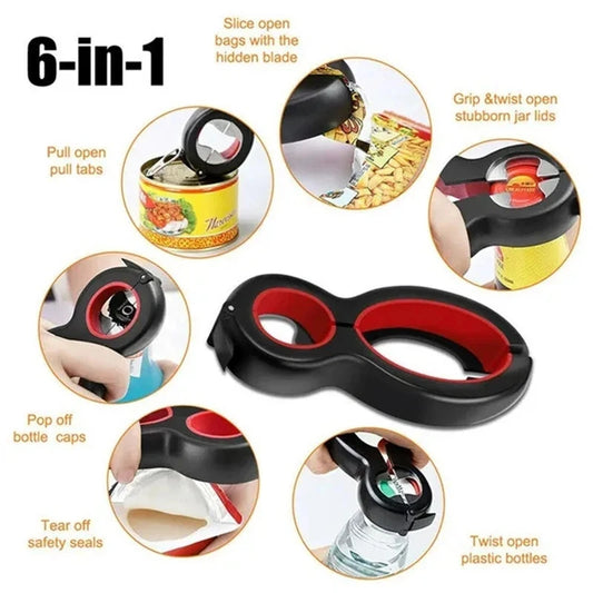 LMETJMA Multifunctional 6 in 1 Can Opener Simple Beer Bottle Opener Jar Gripper Can Beer Lid Twist Off Opener JT05