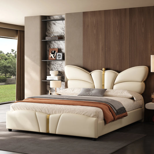 Queen Size Upholstered PU Leather Bed Frame with Butterfly HeadboardandFootboard, Modern Platform Bed with Gold Metal Accents, W