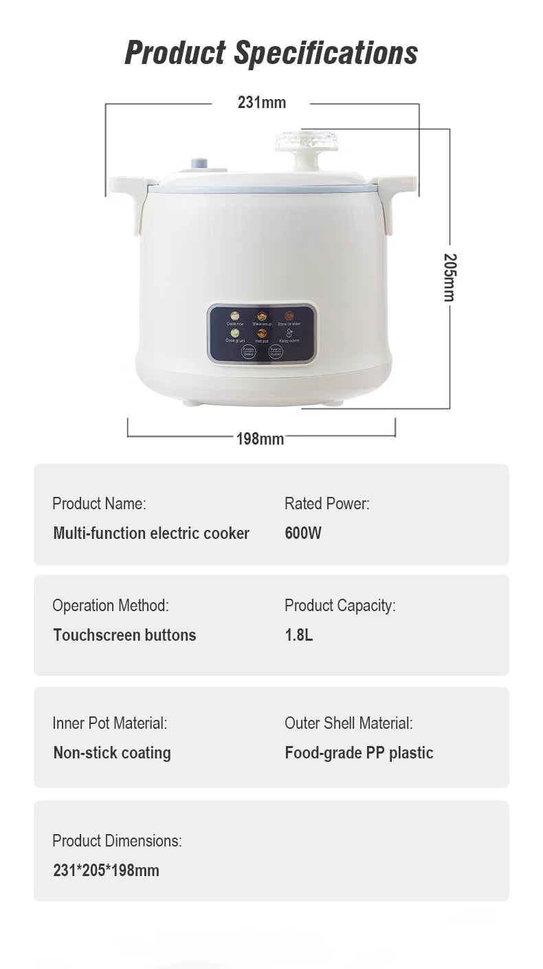 Electric Rice Cooker for 1-2 People, Multifunctional Household Hot Pot, Porridge, 1.8L Micro Pressure Rice Cooker soup making