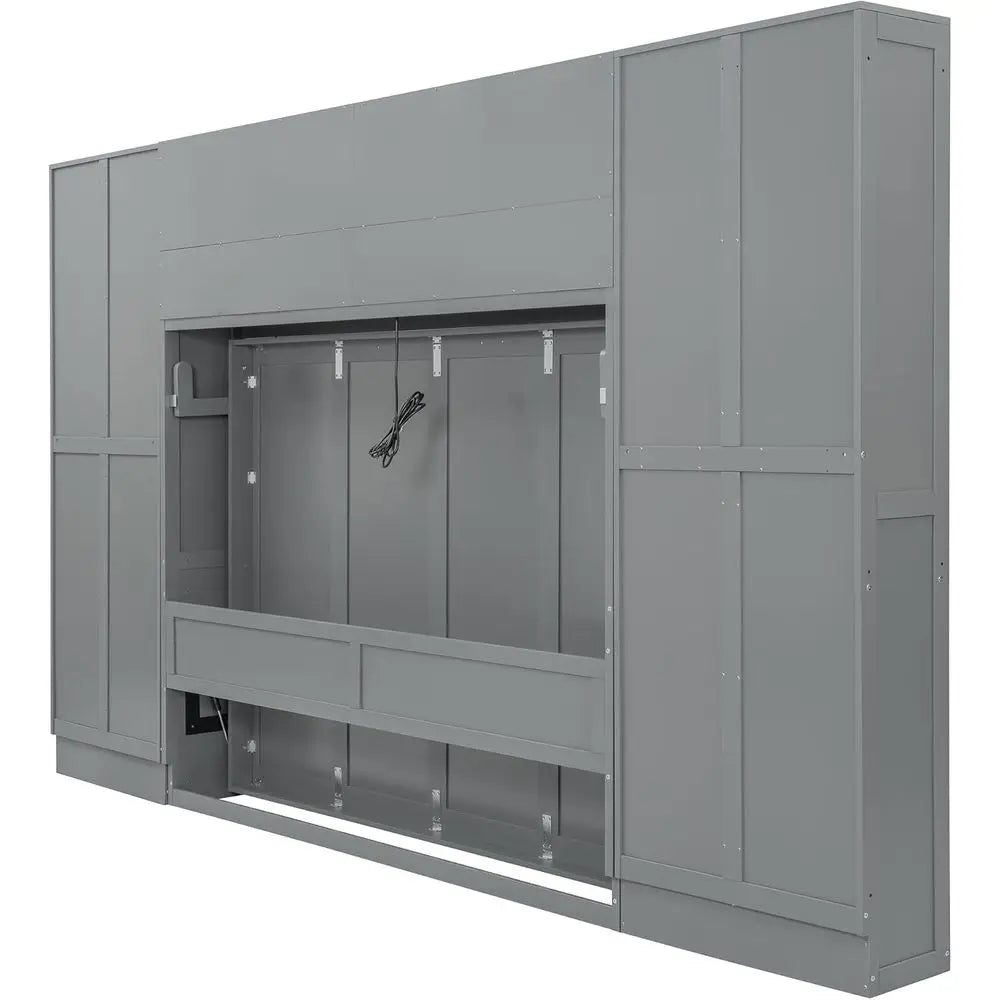 Grey Queen-Size Horizontal Murphy Bed with Desk, Storage Wardrobe, Drawers, and Shelves for Bedroom or Office