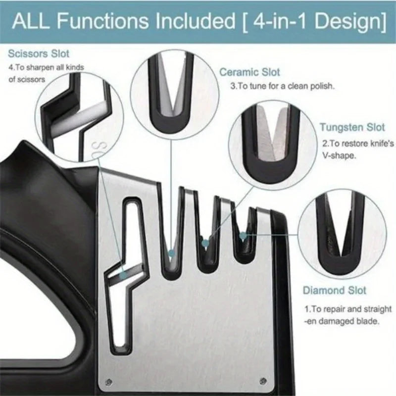 Professional 4-in-1 Knife & Scissors Sharpener with Diamond Blades - Fast Sharpening, Ergonomic Handle, Portable for Kitchen