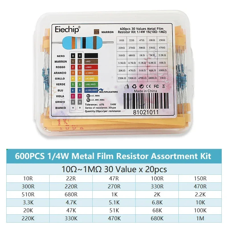 300/600pcs 1% Resistor Set Resistance 1/4W Metal Film Resistors Kit 10Ohm ~1M Ohm 30Values Electronic Components Kit