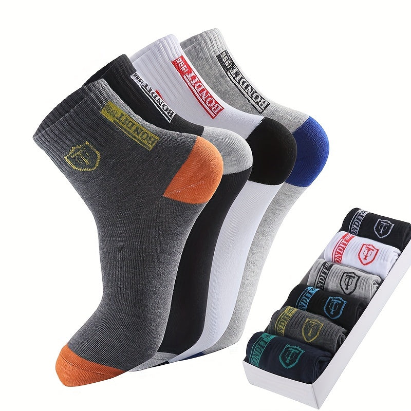 6-Pack Minimalist Casual Letter Mid-Calf Socks, Breathable Business Men's Socks