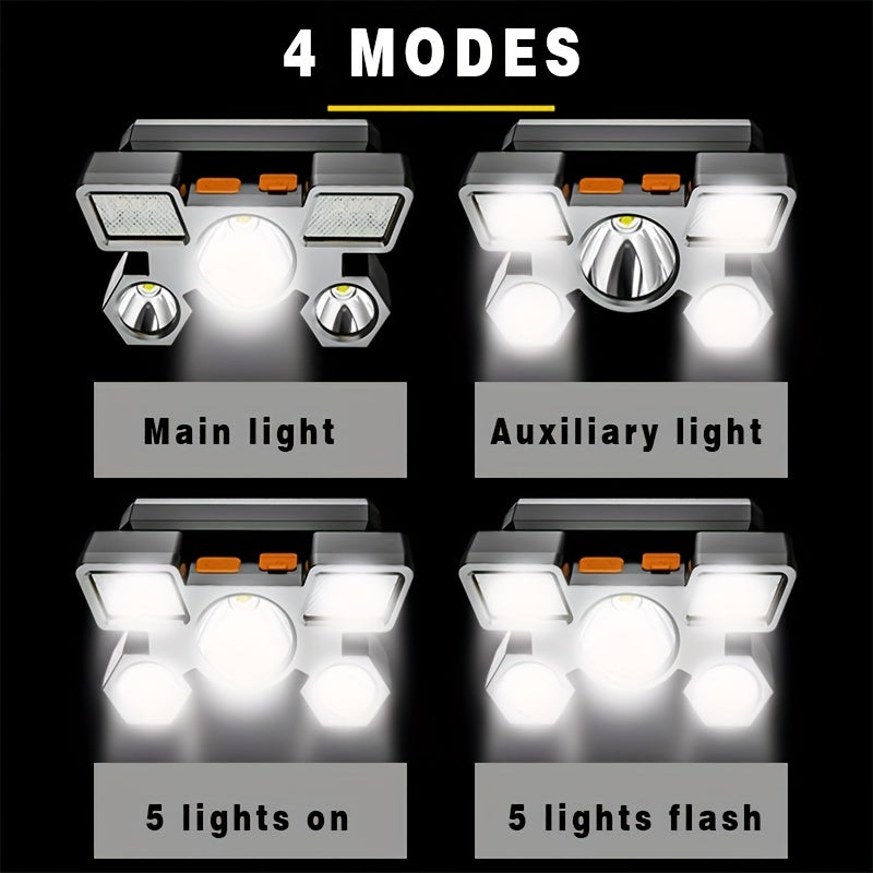 Dericam USB Rechargeable 5 LED Headlamp with Built-In Battery - Portable High-Power LED Torch, 800 Lumen Brightness, 1181.1inch Range, 4 Lighting Modes (Flashlight, SOS, Strobe