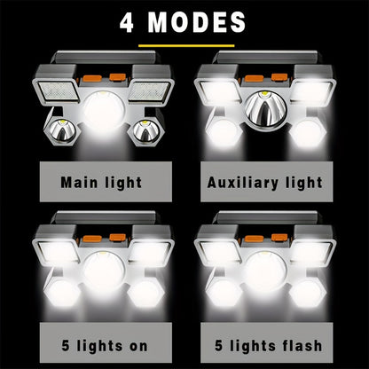 Dericam USB Rechargeable 5 LED Headlamp with Built-In Battery - Portable High-Power LED Torch, 800 Lumen Brightness, 1181.1inch Range, 4 Lighting Modes (Flashlight, SOS, Strobe