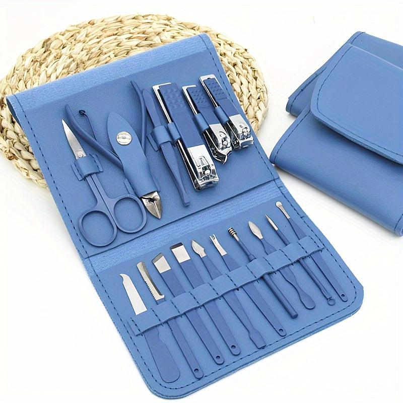 16pcs Household Multi-Functional Stainless Steel Ear Spoon Nail Clippers Pedicure Nail Scissors Tool Set with Folding Bag Manicure Cutter Kits