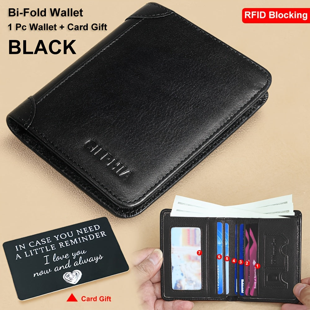Genuine Leather Men's Wallet with Blessing Card Set, RFID Blocking, Ultra-Thin, Top-Grain Cowhide, Compact Multi-Function ID and Credit Card Holder, Christmas Valentine's Day Father's Day Gift