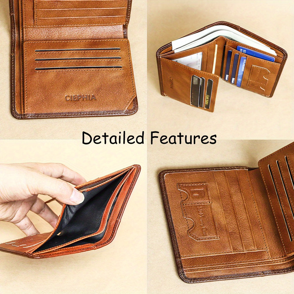 Genuine Leather Men's Wallet with Blessing Card Set, RFID Blocking, Ultra-Thin, Top-Grain Cowhide, Compact Multi-Function ID and Credit Card Holder, Christmas Valentine's Day Father's Day Gift