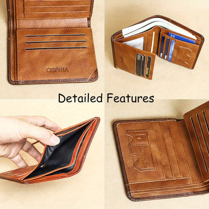 Genuine Leather Men's Wallet with Blessing Card Set, RFID Blocking, Ultra-Thin, Top-Grain Cowhide, Compact Multi-Function ID and Credit Card Holder, Christmas Valentine's Day Father's Day Gift