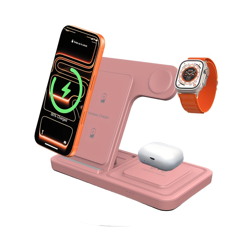 TIMESS-Wireless Charging Station 3-in-1 Standard 15W Fast Mag-Safe Charger Stand with QC3.0 Adapter, Suitable for iPhone 15 14 13 12 11 X 8 Pro Max/Pro/Mini/Plus, iWatch Ultra 9/8 7/6/5/4/3/2, AirPods 3/2