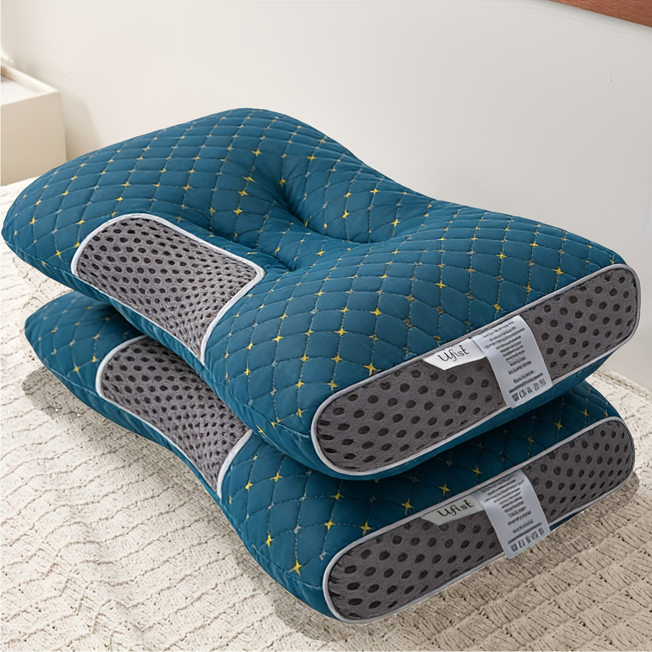 Purchase One And Receive Another at No Cost, Two Soft Woven Neck Massage Pillows for Couples - Featuring Adjustable Ergonomic, High-Quality Pillow Core, And a Removable Pillowcase for Enhanced Sleeping Comfort.