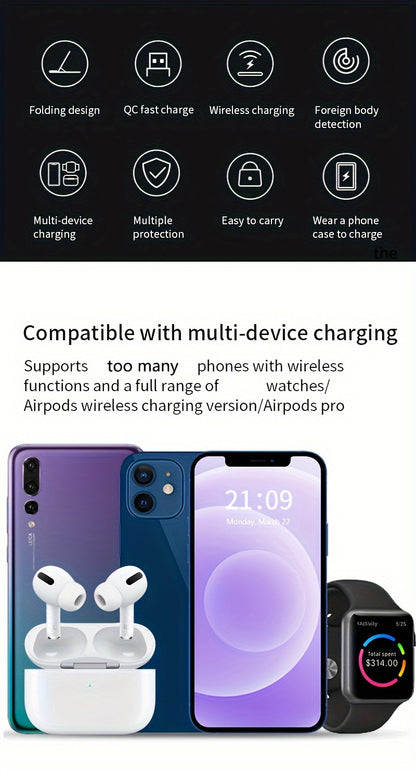 TIMESS-Wireless Charging Station 3-in-1 Standard 15W Fast Mag-Safe Charger Stand with QC3.0 Adapter, Suitable for iPhone 15 14 13 12 11 X 8 Pro Max/Pro/Mini/Plus, iWatch Ultra 9/8 7/6/5/4/3/2, AirPods 3/2