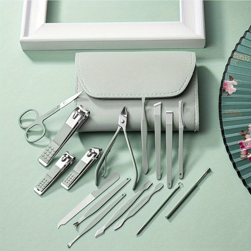 16pcs Household Multi-Functional Stainless Steel Ear Spoon Nail Clippers Pedicure Nail Scissors Tool Set with Folding Bag Manicure Cutter Kits
