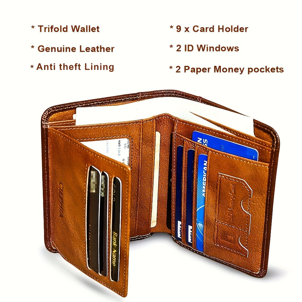 Genuine Leather Men's Wallet with Blessing Card Set, RFID Blocking, Ultra-Thin, Top-Grain Cowhide, Compact Multi-Function ID and Credit Card Holder, Christmas Valentine's Day Father's Day Gift