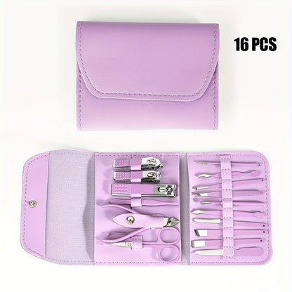 16pcs Household Multi-Functional Stainless Steel Ear Spoon Nail Clippers Pedicure Nail Scissors Tool Set with Folding Bag Manicure Cutter Kits