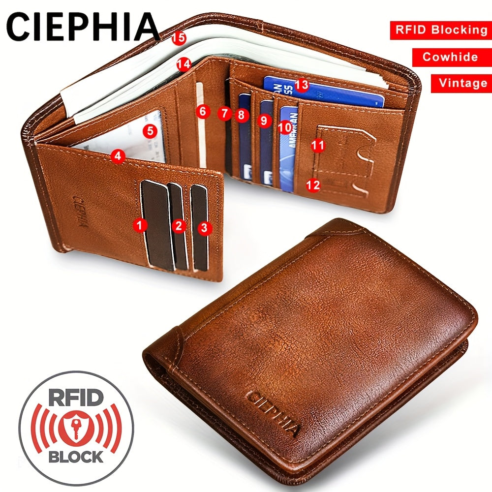 Genuine Leather Men's Wallet with Blessing Card Set, RFID Blocking, Ultra-Thin, Top-Grain Cowhide, Compact Multi-Function ID and Credit Card Holder, Christmas Valentine's Day Father's Day Gift