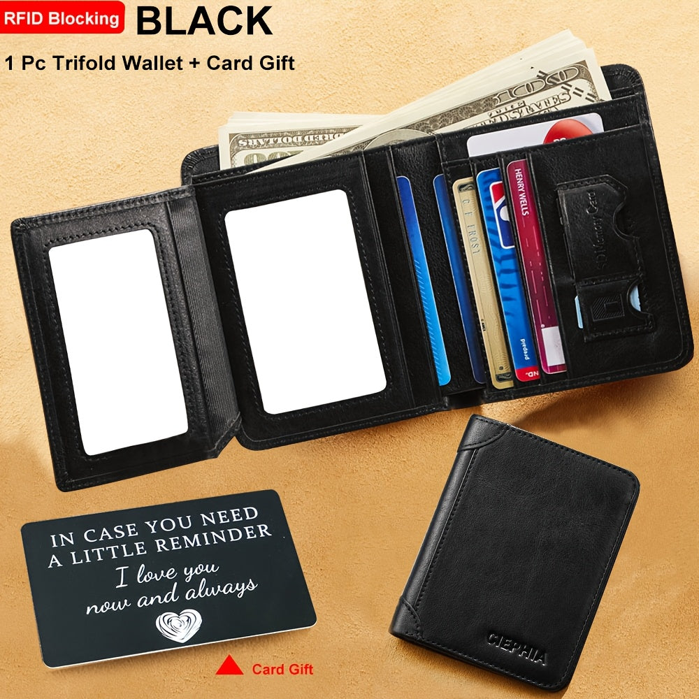 Genuine Leather Men's Wallet with Blessing Card Set, RFID Blocking, Ultra-Thin, Top-Grain Cowhide, Compact Multi-Function ID and Credit Card Holder, Christmas Valentine's Day Father's Day Gift