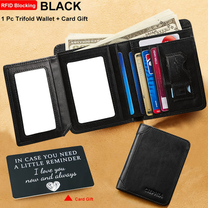 Genuine Leather Men's Wallet with Blessing Card Set, RFID Blocking, Ultra-Thin, Top-Grain Cowhide, Compact Multi-Function ID and Credit Card Holder, Christmas Valentine's Day Father's Day Gift