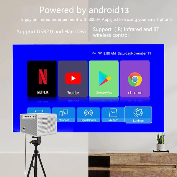 Smart Projector, Support 4K Decoding,  Android 13, T950S Quad-Core, 2 Plus 16GB Memory, Dual-Band WiFi, Home Office Projector