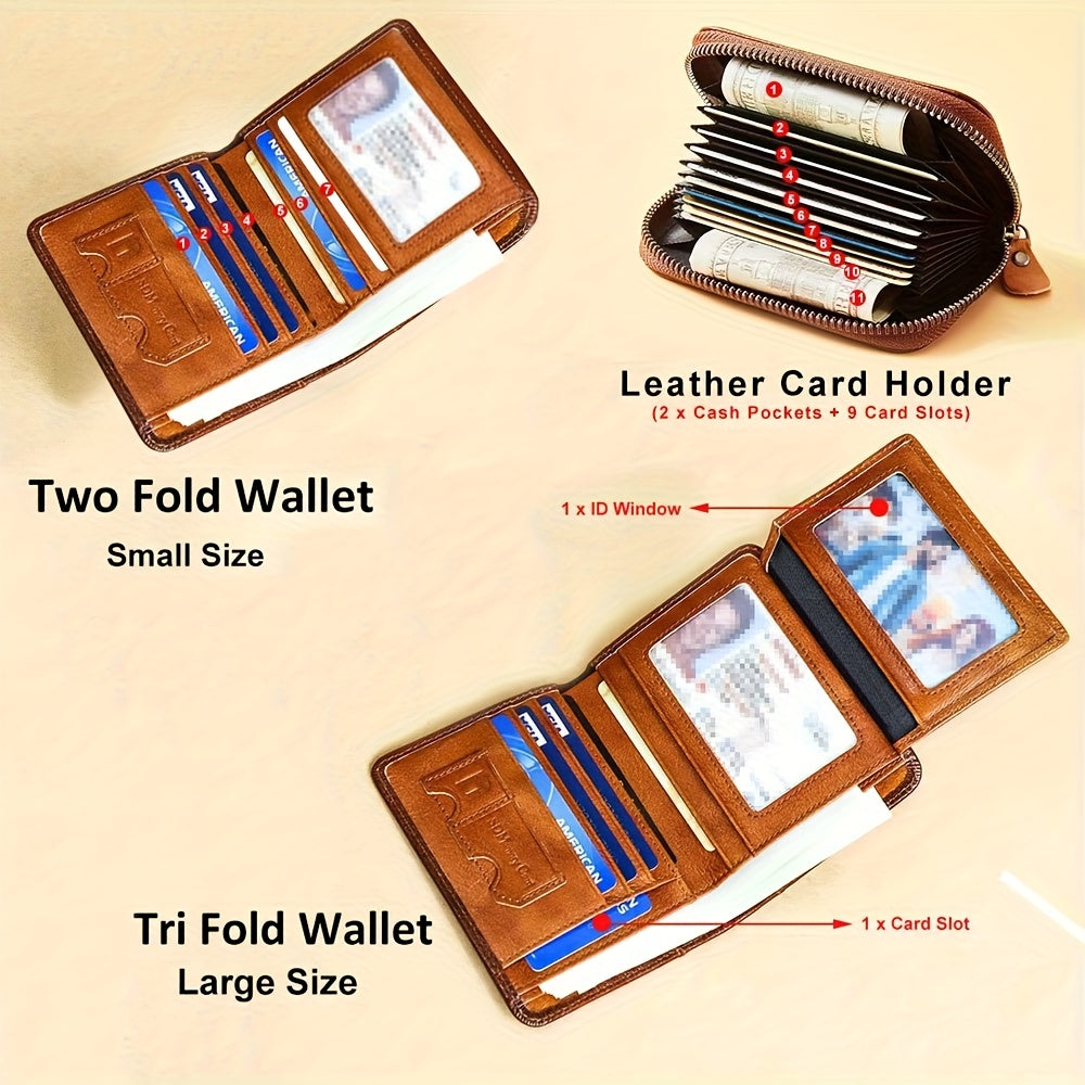 Genuine Leather Men's Wallet with Blessing Card Set, RFID Blocking, Ultra-Thin, Top-Grain Cowhide, Compact Multi-Function ID and Credit Card Holder, Christmas Valentine's Day Father's Day Gift
