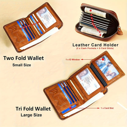 Genuine Leather Men's Wallet with Blessing Card Set, RFID Blocking, Ultra-Thin, Top-Grain Cowhide, Compact Multi-Function ID and Credit Card Holder, Christmas Valentine's Day Father's Day Gift