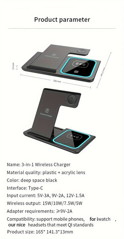 TIMESS-Wireless Charging Station 3-in-1 Standard 15W Fast Mag-Safe Charger Stand with QC3.0 Adapter, Suitable for iPhone 15 14 13 12 11 X 8 Pro Max/Pro/Mini/Plus, iWatch Ultra 9/8 7/6/5/4/3/2, AirPods 3/2