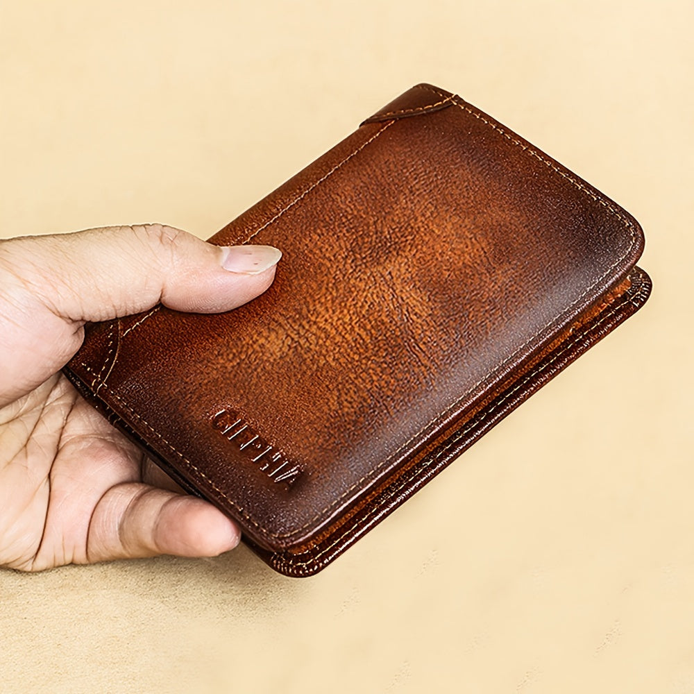 Genuine Leather Men's Wallet with Blessing Card Set, RFID Blocking, Ultra-Thin, Top-Grain Cowhide, Compact Multi-Function ID and Credit Card Holder, Christmas Valentine's Day Father's Day Gift