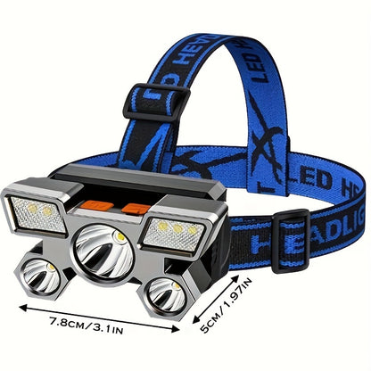 Dericam USB Rechargeable 5 LED Headlamp with Built-In Battery - Portable High-Power LED Torch, 800 Lumen Brightness, 1181.1inch Range, 4 Lighting Modes (Flashlight, SOS, Strobe