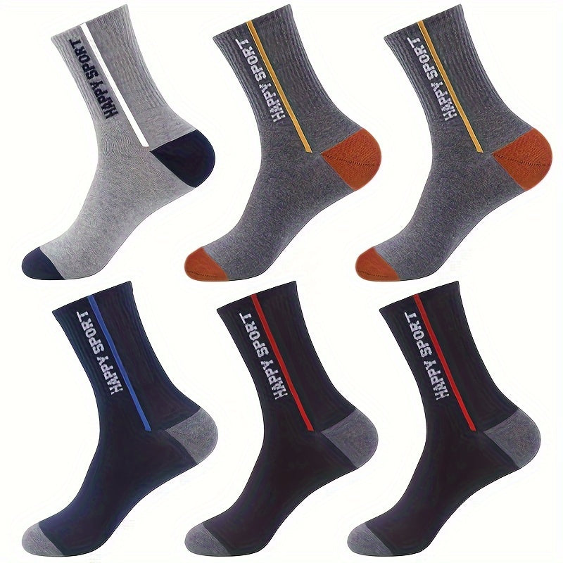6-Pack Minimalist Casual Letter Mid-Calf Socks, Breathable Business Men's Socks