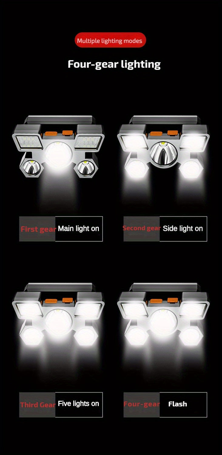 Dericam USB Rechargeable 5 LED Headlamp with Built-In Battery - Portable High-Power LED Torch, 800 Lumen Brightness, 1181.1inch Range, 4 Lighting Modes (Flashlight, SOS, Strobe