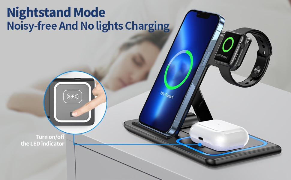 TIMESS-Wireless Charging Station 3-in-1 Standard 15W Fast Mag-Safe Charger Stand with QC3.0 Adapter, Suitable for iPhone 15 14 13 12 11 X 8 Pro Max/Pro/Mini/Plus, iWatch Ultra 9/8 7/6/5/4/3/2, AirPods 3/2