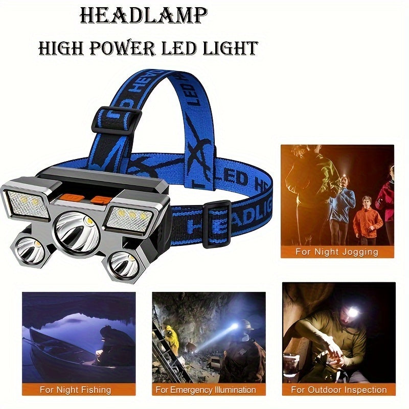 Dericam USB Rechargeable 5 LED Headlamp with Built-In Battery - Portable High-Power LED Torch, 800 Lumen Brightness, 1181.1inch Range, 4 Lighting Modes (Flashlight, SOS, Strobe