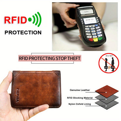 Genuine Leather Men's Wallet with Blessing Card Set, RFID Blocking, Ultra-Thin, Top-Grain Cowhide, Compact Multi-Function ID and Credit Card Holder, Christmas Valentine's Day Father's Day Gift