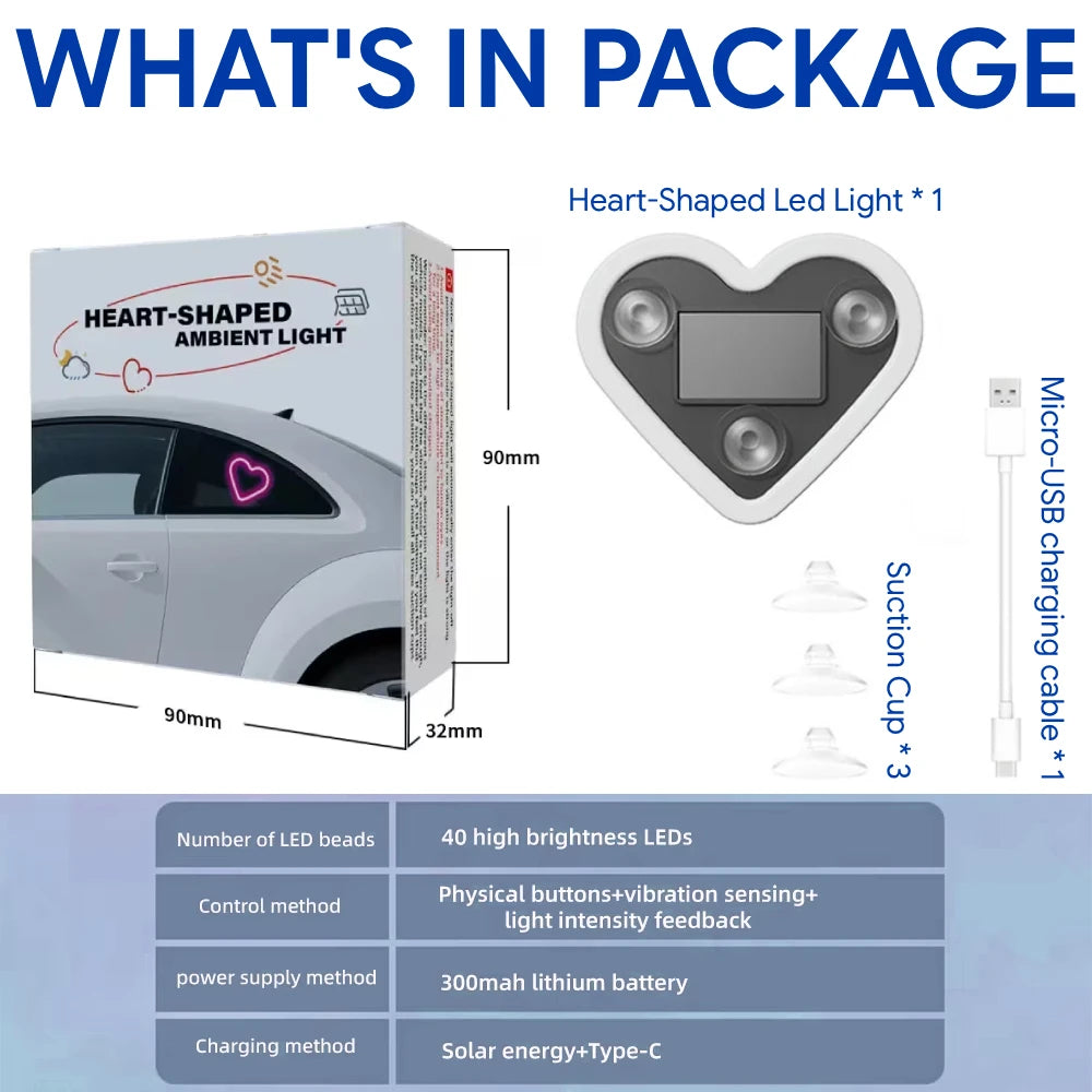 Heart Shape LED Light Solar-Powered Accent Ambient USB Charge Valentines Day Christmas New Year Gift Idea Car Interior Decor