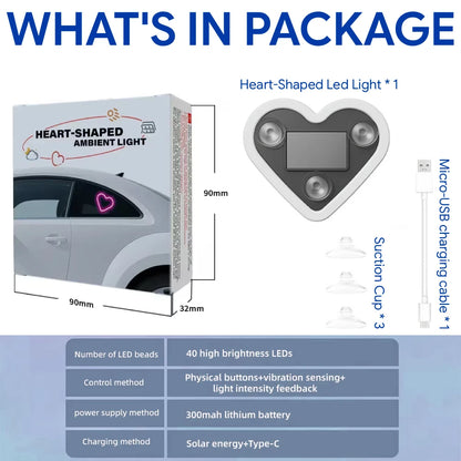 Heart Shape LED Light Solar-Powered Accent Ambient USB Charge Valentines Day Christmas New Year Gift Idea Car Interior Decor