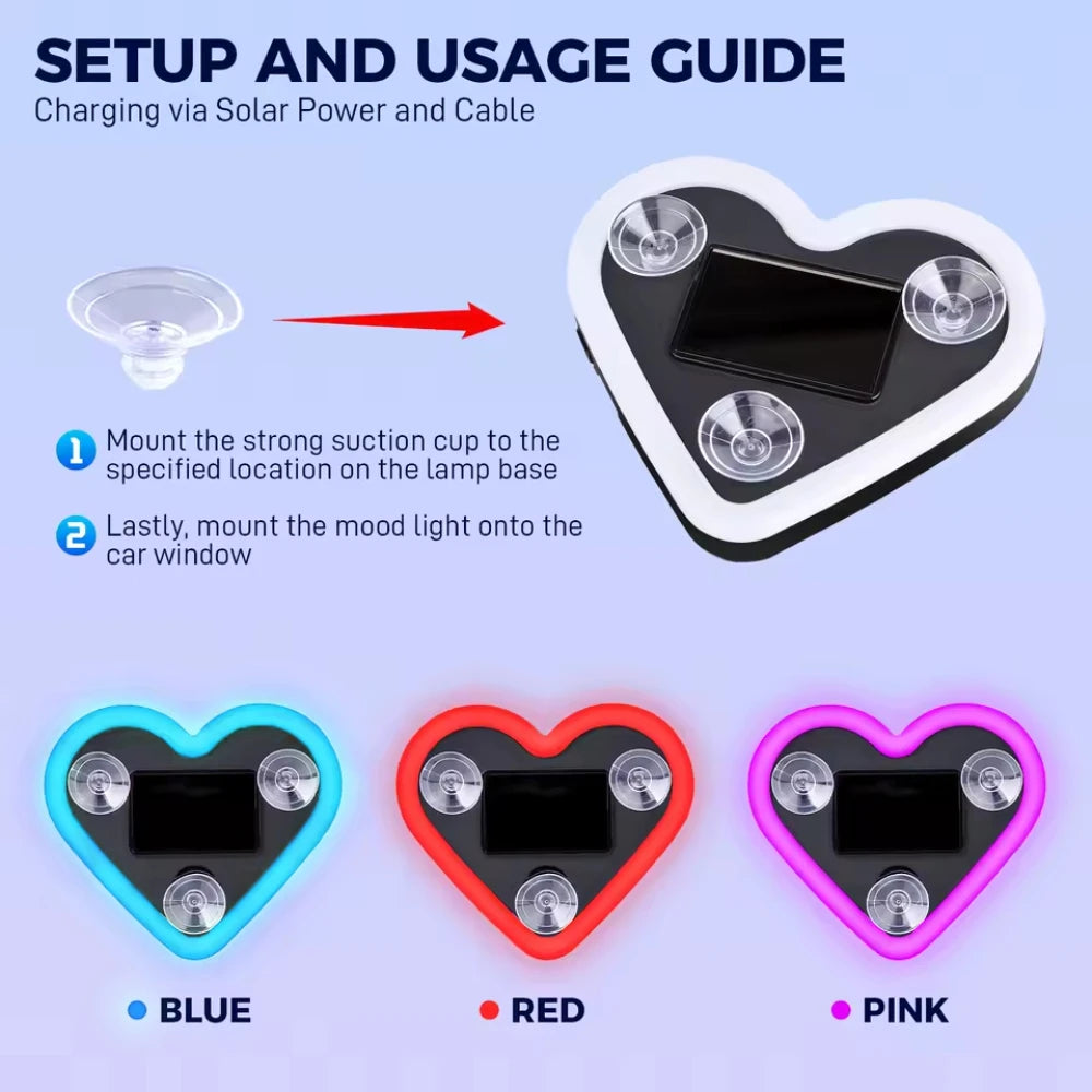 Heart Shape LED Light Solar-Powered Accent Ambient USB Charge Valentines Day Christmas New Year Gift Idea Car Interior Decor