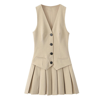 KAR&OT ZA 2025 Women's Retro V-Neck Sleeveless Dress Slim Fit Wide Pleated Vest Button Decoration Ruched Spring New 2157554