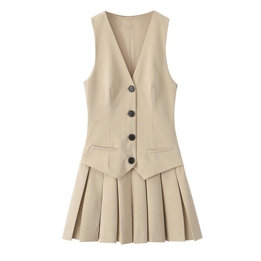 KAR&OT ZA 2025 Women's Retro V-Neck Sleeveless Dress Slim Fit Wide Pleated Vest Button Decoration Ruched Spring New 2157554