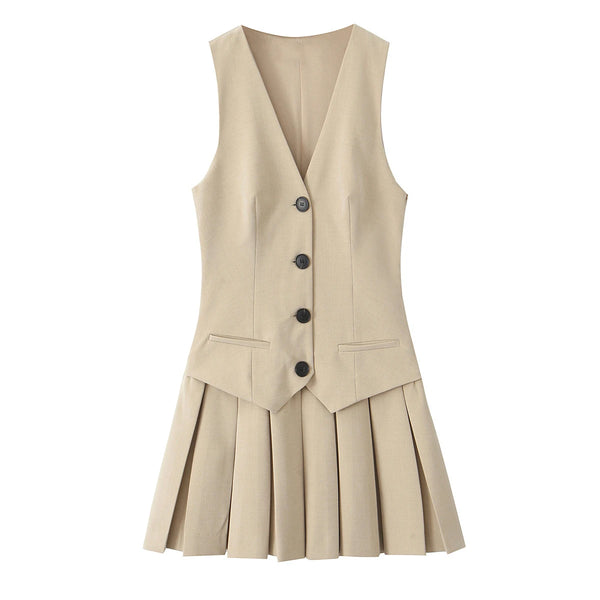 KAR&OT ZA 2025 Women's Retro V-Neck Sleeveless Dress Slim Fit Wide Pleated Vest Button Decoration Ruched Spring New 2157554