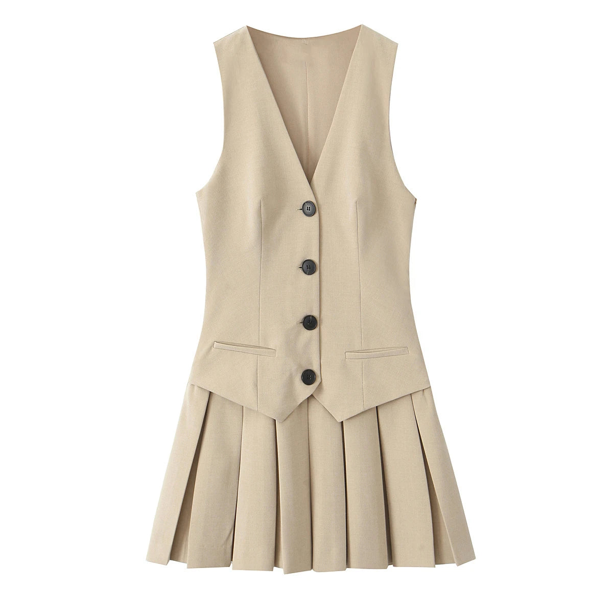 KAR&OT ZA 2025 Women's Retro V-Neck Sleeveless Dress Slim Fit Wide Pleated Vest Button Decoration Ruched Spring New 2157554