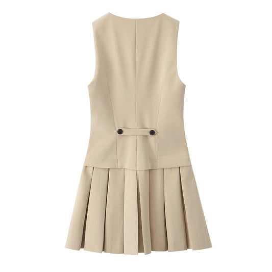 KAR&OT ZA 2025 Women's Retro V-Neck Sleeveless Dress Slim Fit Wide Pleated Vest Button Decoration Ruched Spring New 2157554