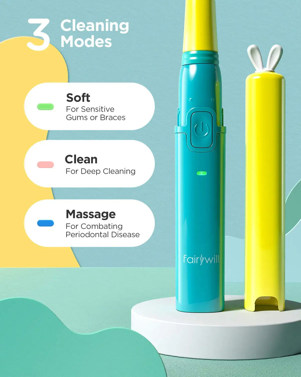 Fairywill 2001 Family Kids Sonic Electric Toothbrush Rechargeable Soft Tongue Cleaner Smart Timer and 3 Modes 4 Hours Charge