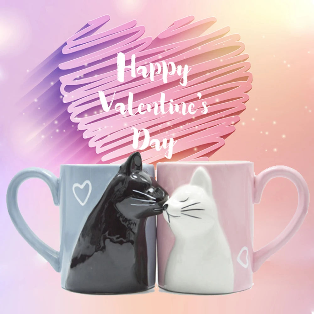 2pcs Ceramics Kiss Cat Cup Couple Mugs Lover Gift Morning  Milk Coffee Tea Breakfast Porcelain Cup Valentines Day for girl wife