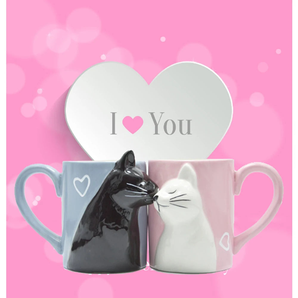 2pcs Ceramics Kiss Cat Cup Couple Mugs Lover Gift Morning  Milk Coffee Tea Breakfast Porcelain Cup Valentines Day for girl wife