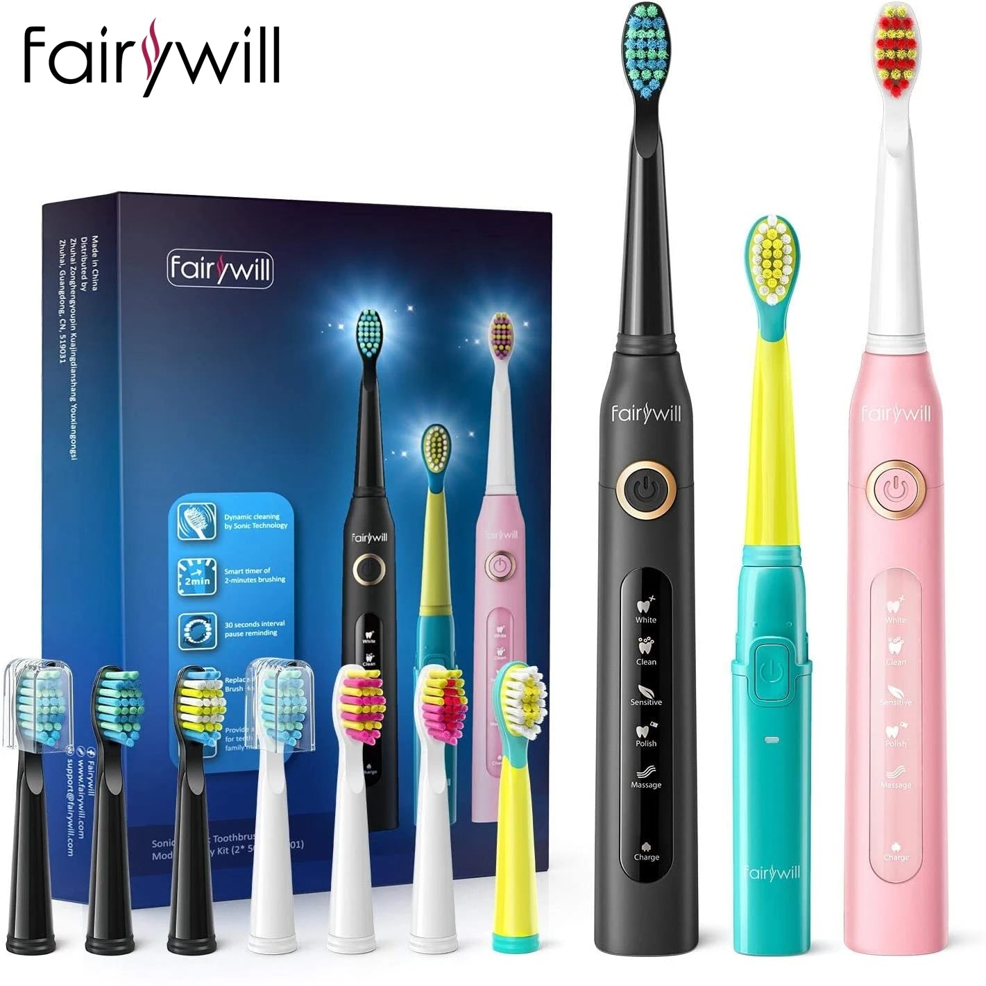 Fairywill 2001 Family Kids Sonic Electric Toothbrush Rechargeable Soft Tongue Cleaner Smart Timer and 3 Modes 4 Hours Charge